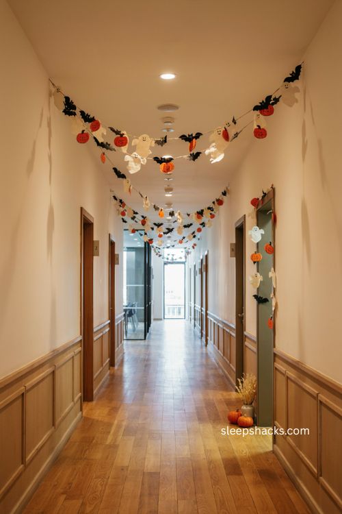 halloween office hallway decor with paper bat ghost and pumpkin garland 