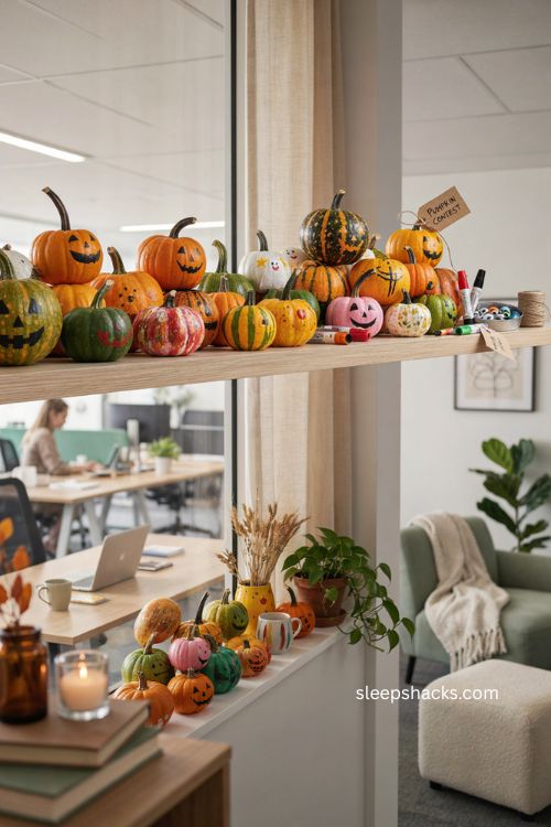 halloween office pumpkin painting contest display with creative painted pumpkins 