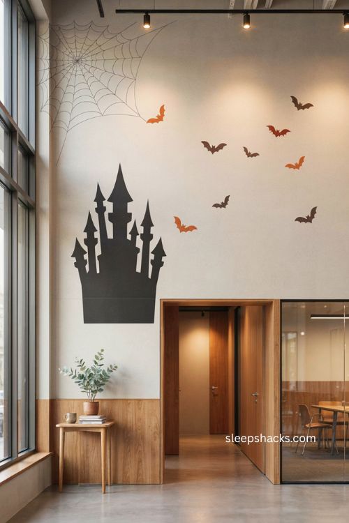 halloween office wall decor with removable bat spiderweb and haunted castle decals 