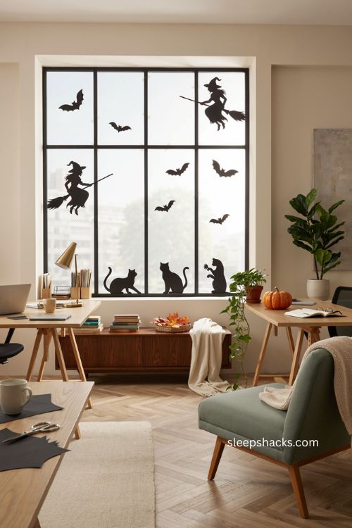 halloween office window decor with black witch cat and bat silhouettes 