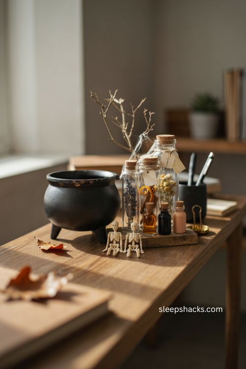halloween office witch apothecary shelf decor with jars cauldron and skeletons 
