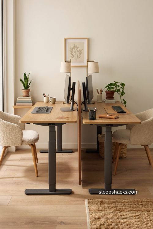 height adjustable double desk home office with two independent workstations