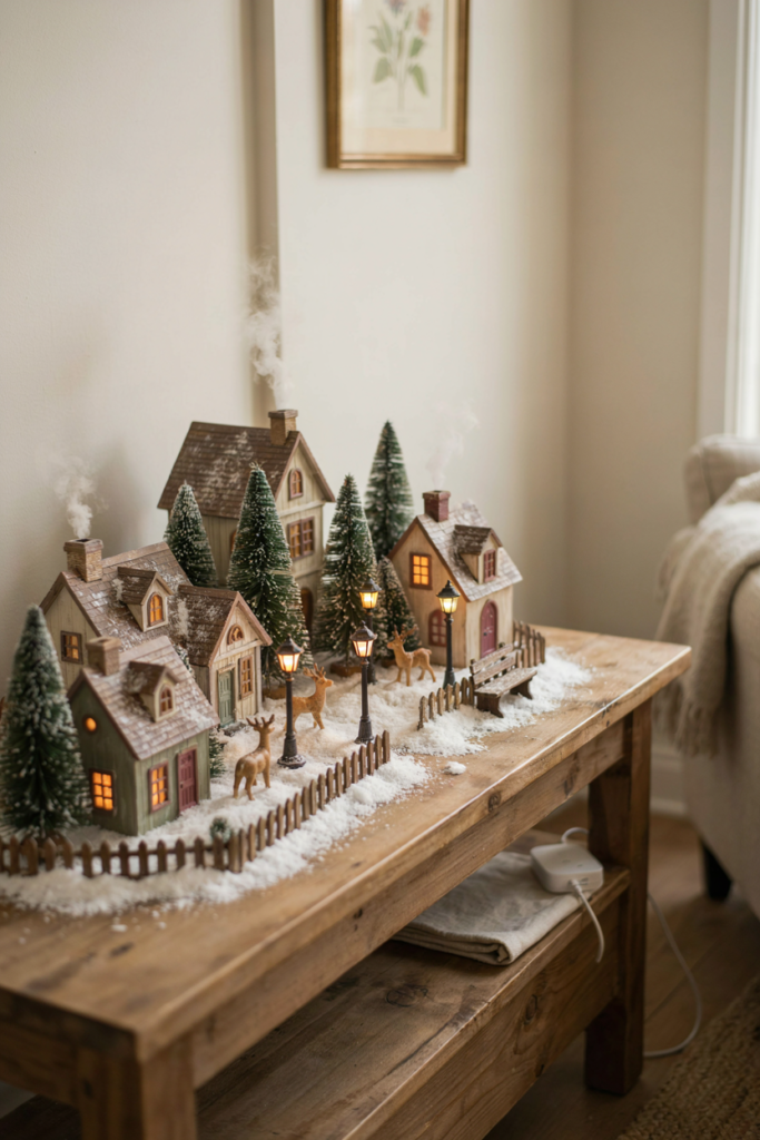 snow village display with automatic timer lights and glowing miniature christmas houses 