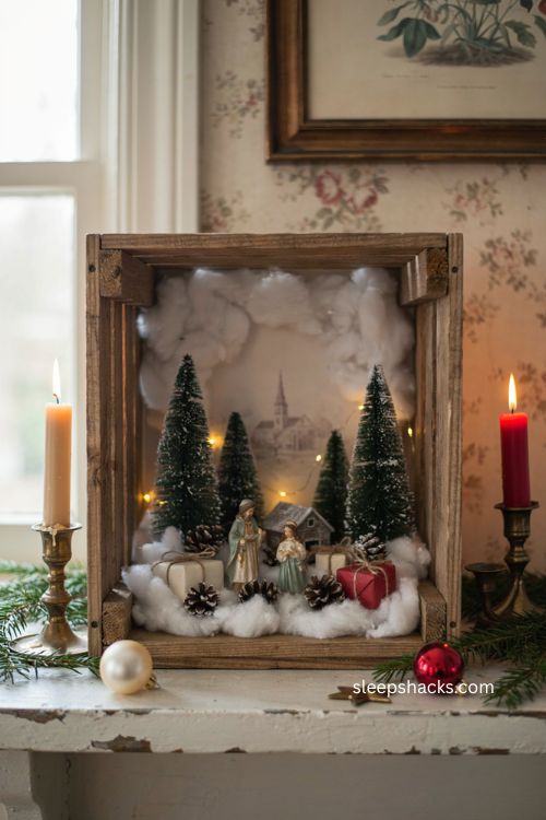 holiday shadowbox scene in a rustic wooden crate with miniature Christmas village snow and fairy lights 