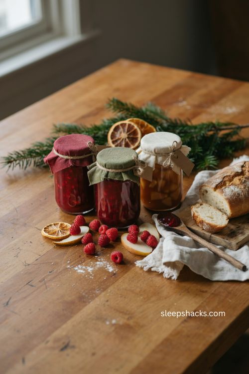 homemade jam and preserves diy christmas gift with rustic jars fabric lids and fresh bread