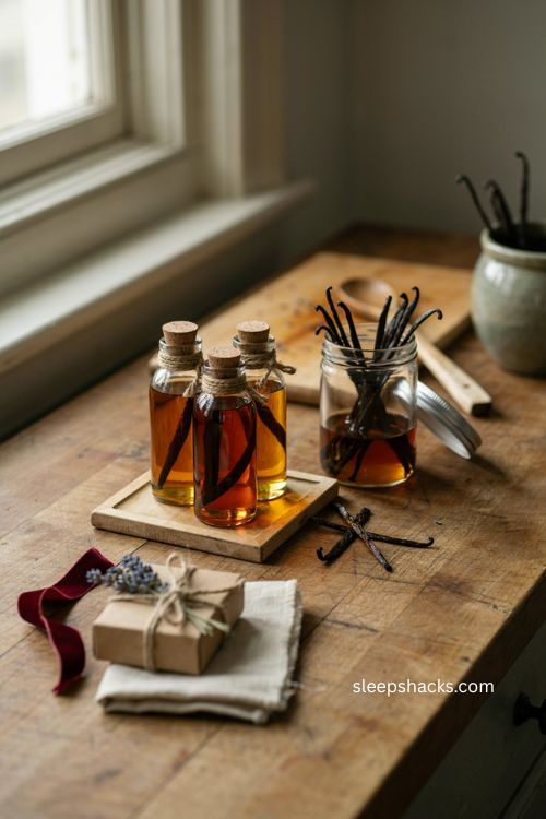 homemade vanilla extract diy christmas gift with vanilla beans glass bottles and rustic kitchen