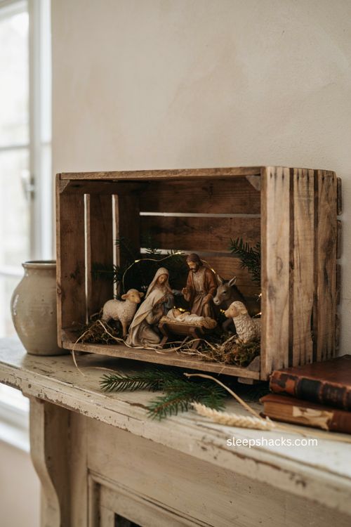 indoor nativity crate Christmas scene with straw dried moss wooden figures and soft lights 