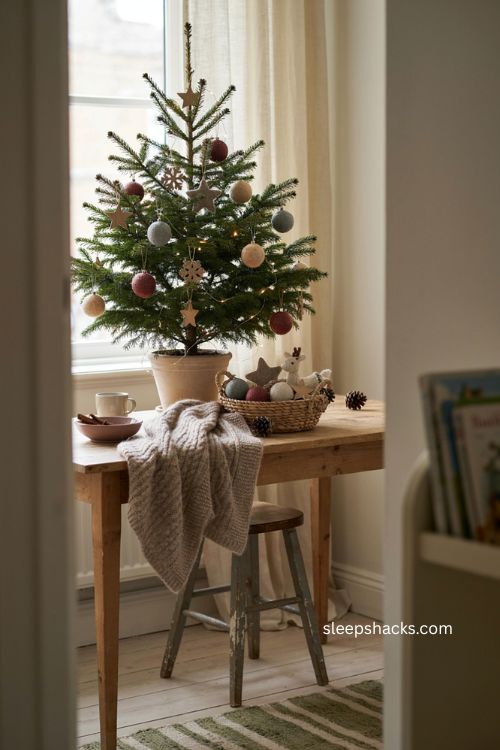 kids mini christmas tree with handmade ornaments in a cozy playroom 