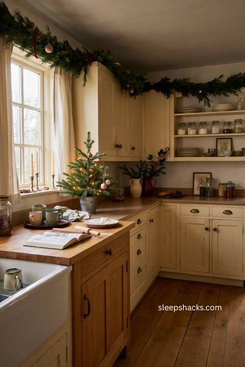 kitchen christmas decorations with cozy garland small tree and vintage holiday details