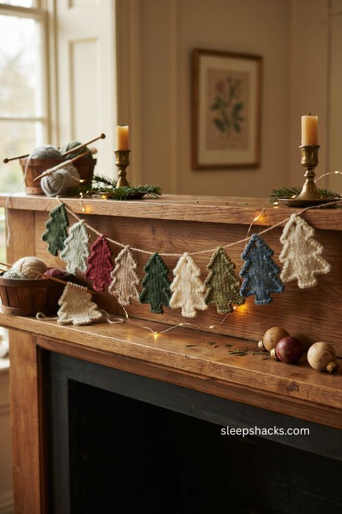 knitted Christmas tree garland with handmade heirloom yarn decorations 
