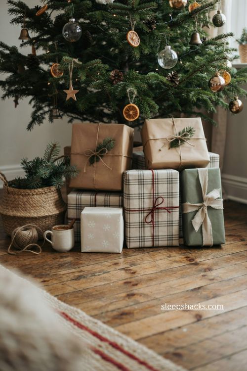 kraft paper christmas gifts with fresh greenery under a cozy cottage tree 