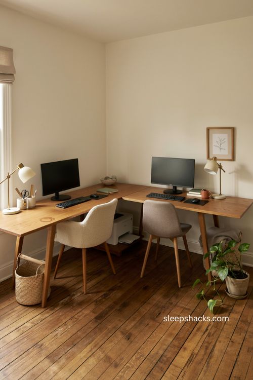 l shaped double desk home office with two distinct work zones and shared corner