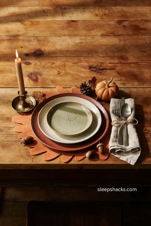 layered dollar tree thanksgiving place setting with fall plates and rustic napkin 