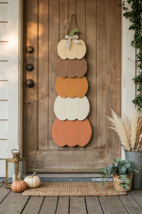 layered pumpkin stack door hanger with rustic farmhouse fall and Thanksgiving porch decor 
