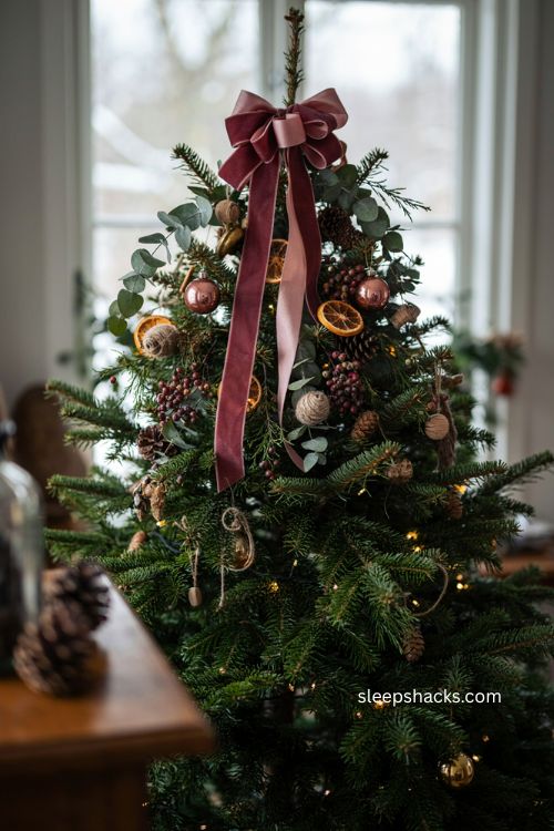 layered ribbon and greenery Christmas tree topper ideas 