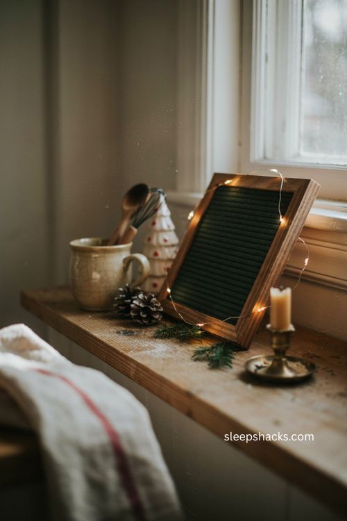 letterboard christmas decor on a cozy kitchen shelf 