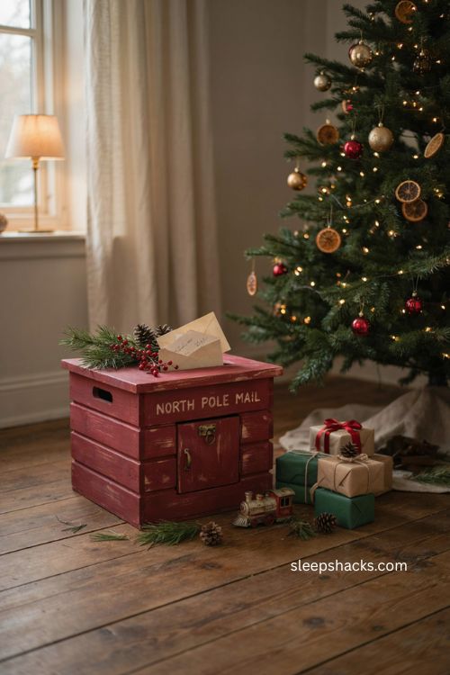 letters to Santa wooden crate mailbox with red paint Christmas tree envelopes and rustic farmhouse decor 