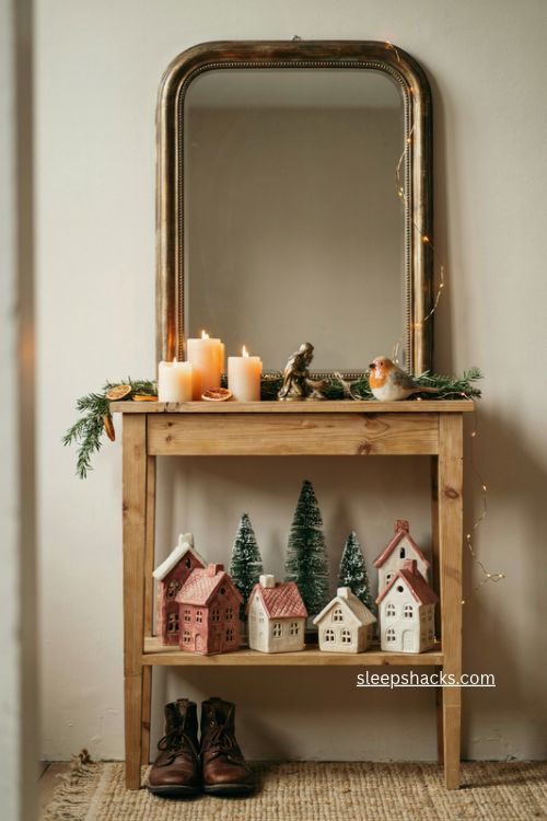 lower shelf christmas console table decor with mini village trees garland and mirror 