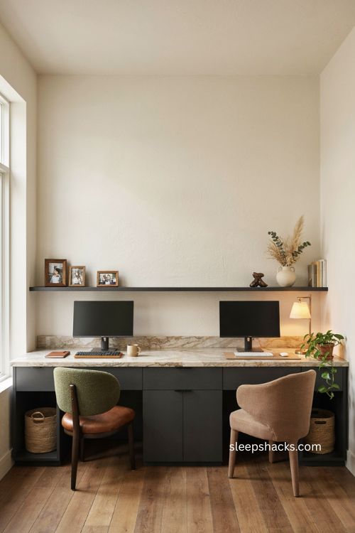 marble topped double desk home office with dark cabinetry and black ledge