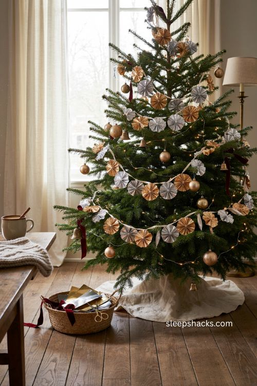 metallic mylar pom pom garland sparkling on a christmas tree 