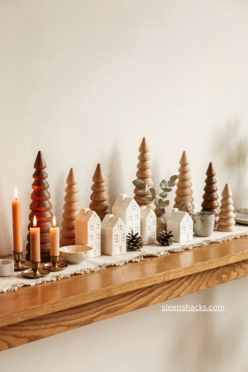 midcentury wooden christmas trees and ceramic houses shelf decor