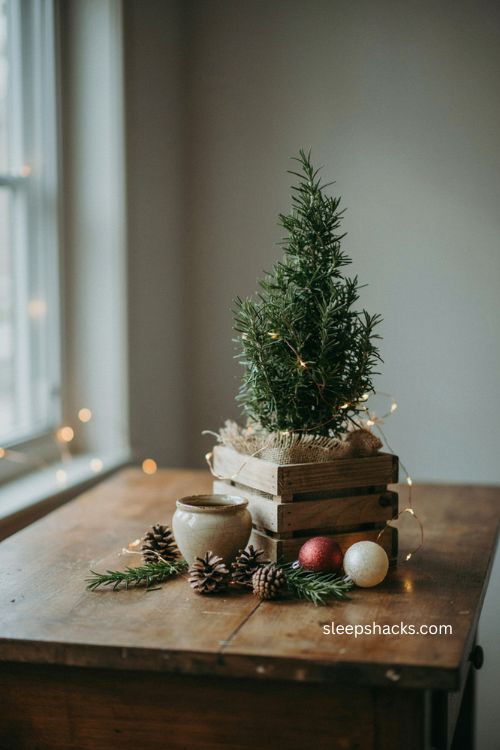 mini Christmas tree in a rustic wooden crate planter with burlap and twinkle lights 