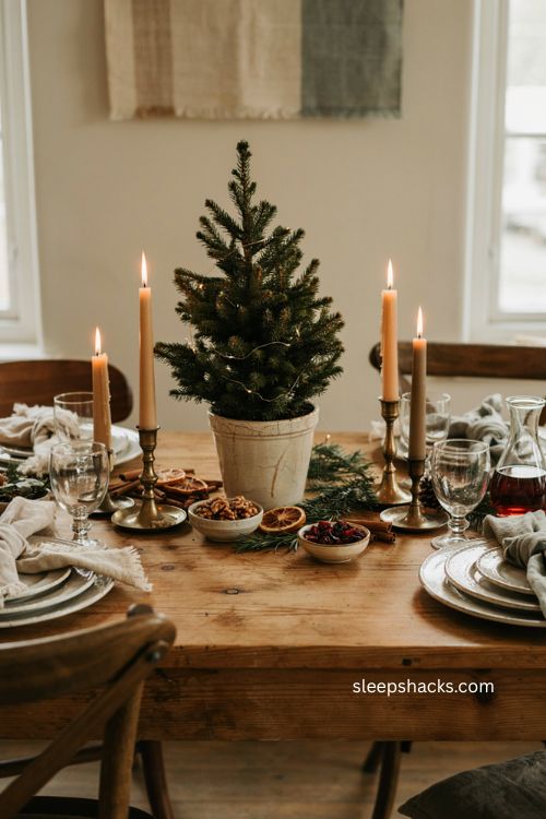 mini christmas tree centerpiece with cinnamon sticks and dried oranges 