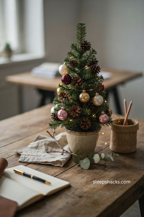 mini christmas tree decorated with pinecones and glass baubles 