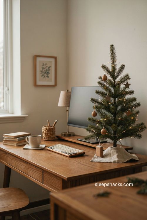 mini christmas tree with lights for a cozy office desk 
