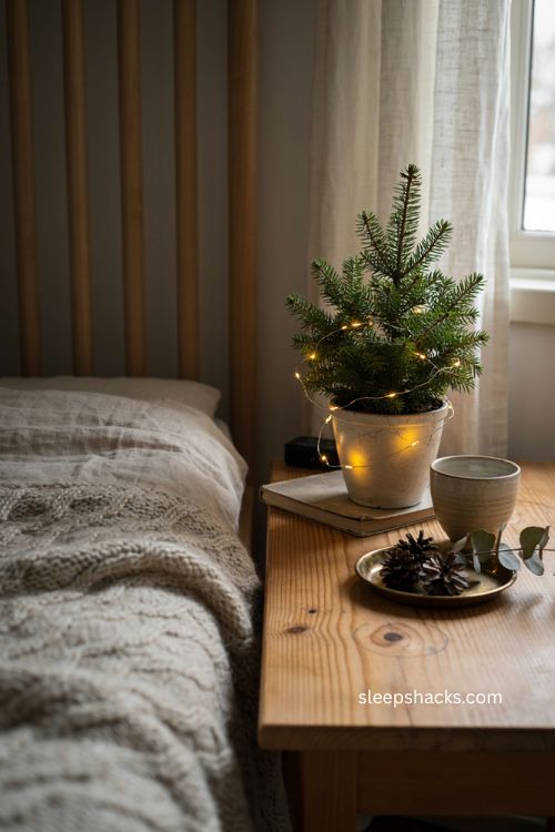 mini christmas tree with warm white string lights on a bedside table 