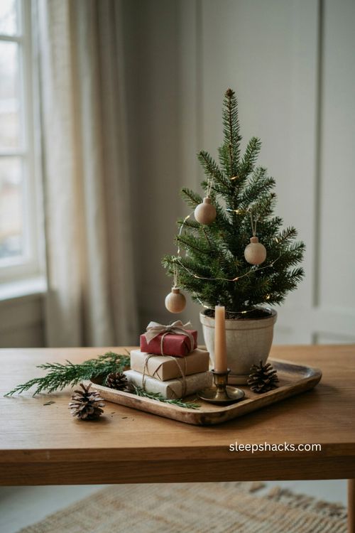 mini christmas tree with wrapped stocking filler gifts in an entryway 