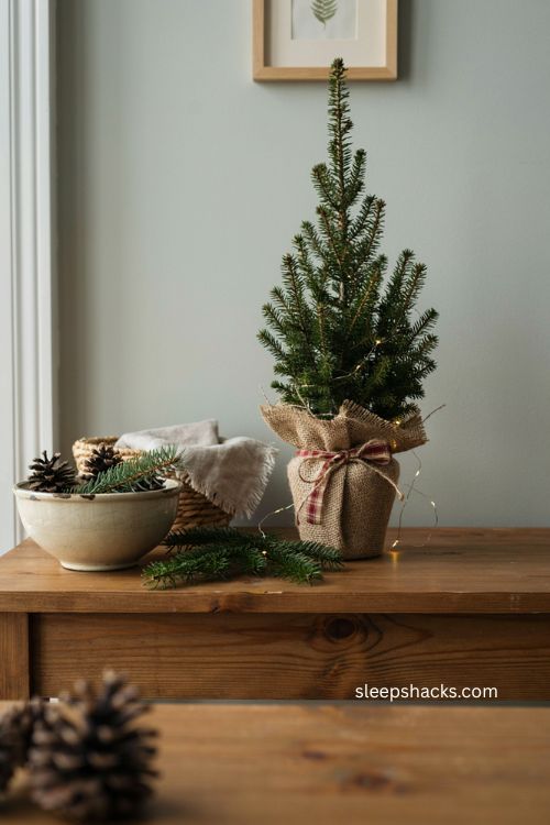 mini christmas tree wrapped in burlap and red plaid ribbon 