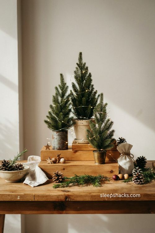 mini christmas trees on a tiered stand for a narrow console table 