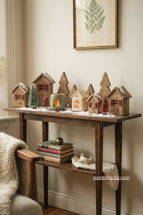 mini christmas village console table decor with wooden houses bottlebrush trees and faux snow 
