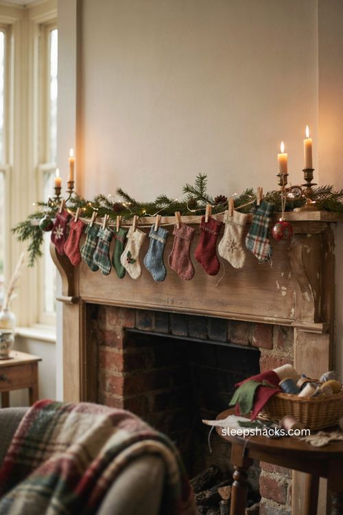 mini felt stocking Christmas garland with vintage handmade mantel decor 