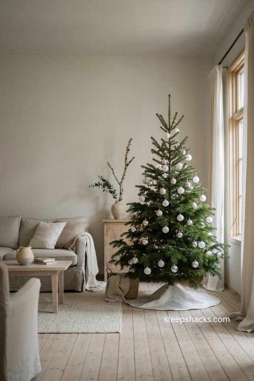 minimalist silver and white Christmas tree with Scandinavian holiday decor 