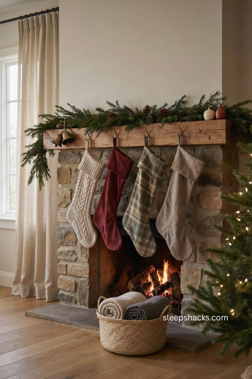 mismatched christmas stockings on cozy fireplace mantel with vintage holiday decor 