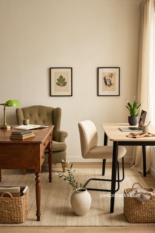 mixed style double desk home office with traditional wood and modern desks