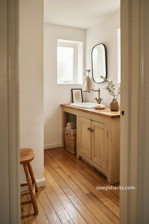 modern farmhouse bathroom ideas with warm wood vanity and vintage details 