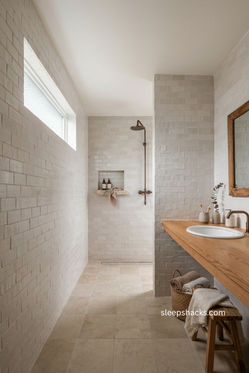 modern farmhouse bathroom with curbless doorless walk in shower and white subway tile 