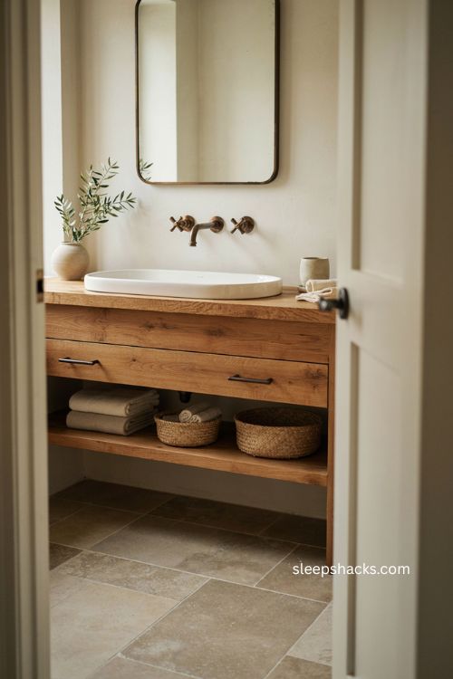 modern farmhouse bathroom with double trough sink and reclaimed wood vanity 