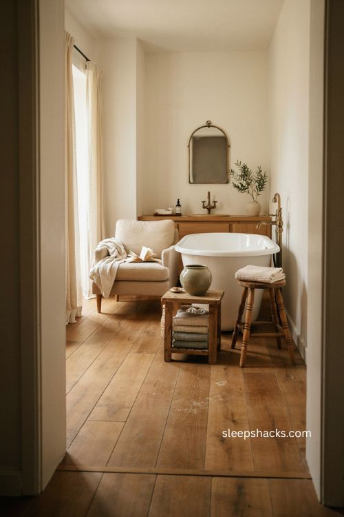 modern farmhouse bathroom with freestanding tub and cozy seating nook 