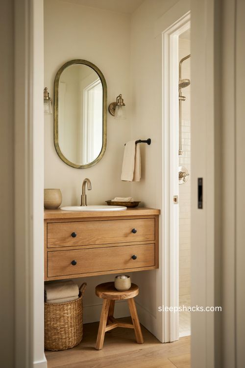 modern farmhouse bathroom with mixed metal finishes black brass and nickel 