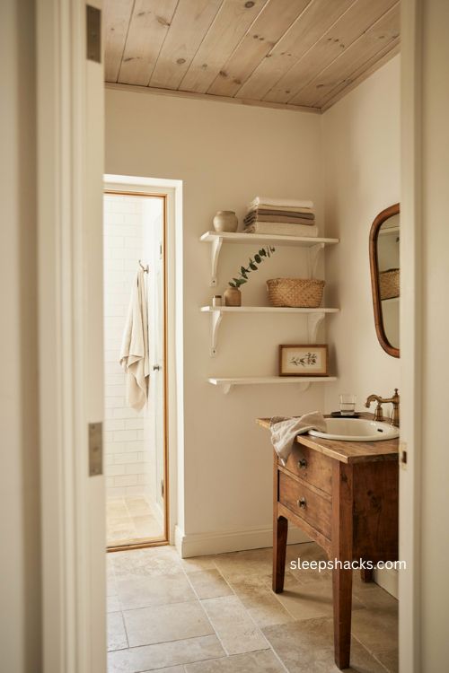 modern farmhouse bathroom with mixed wood tones and whitewashed open shelving 