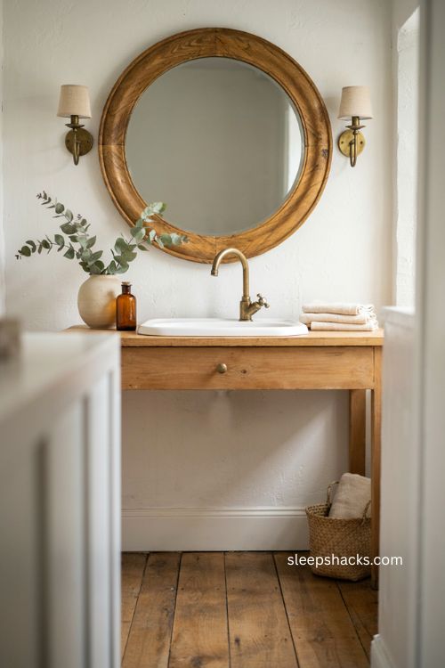 modern farmhouse bathroom with oversized vintage round mirror and wood vanity 