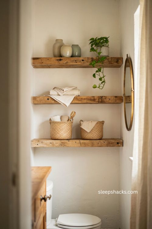 modern farmhouse bathroom with reclaimed wood open shelves and woven baskets 
