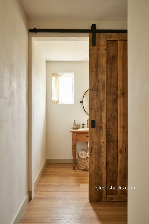 modern farmhouse bathroom with reclaimed wood sliding barn door and black hardware 