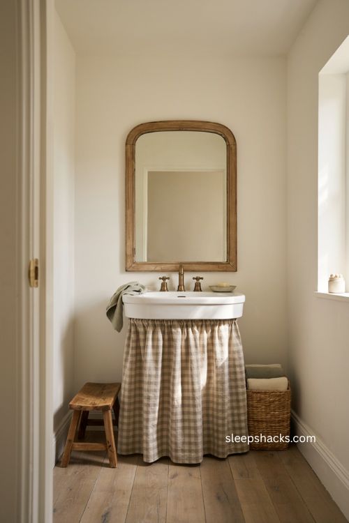 modern farmhouse bathroom with skirted pedestal sink and gingham linen curtain 