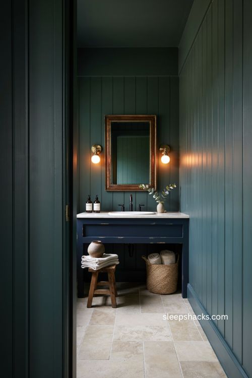 moody modern farmhouse bathroom with hunter green walls navy vanity and brass accents