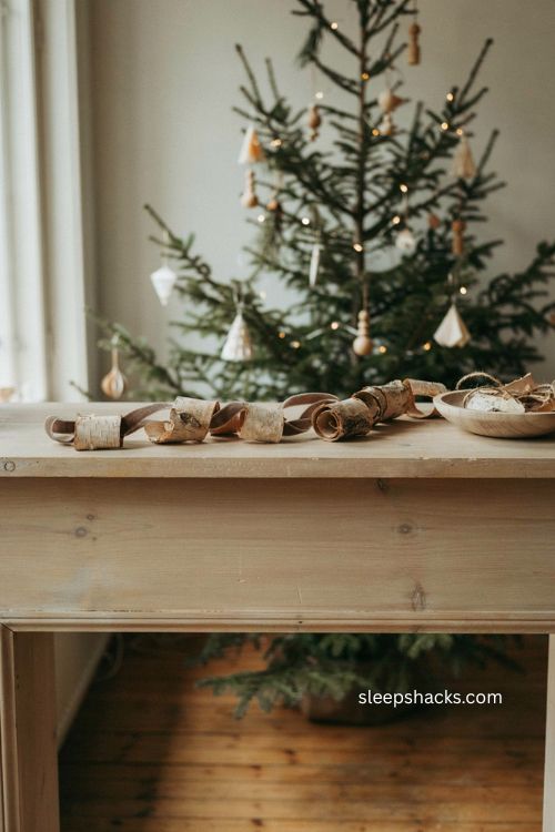 natural birch bark Christmas garland with Scandinavian neutral mantel decor 